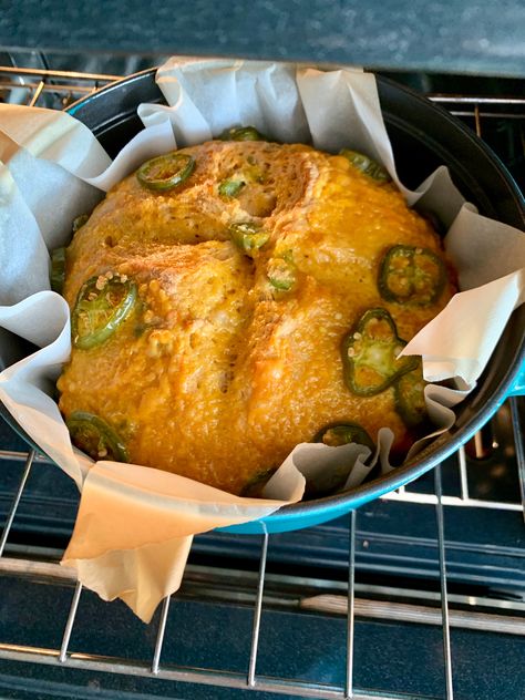 Dutch Oven Jalapeño Cheddar Bread - Chand's Kitchen Jalapeno Cheddar Bread Dutch Oven, Dutch Oven Cheese Bread, Sourdough Bread No Starter, Jalapeno Sourdough, Cheese And Herb Bread, Jalapeño Bread, Staub Dutch Oven, Cheddar Bread, Bread Without Yeast