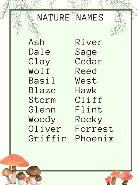 Nature Names With Meaning, Nature Related Names, Pretty Nature Words, Nature Themed Names, Earth Names, Forest Names, Pink And White Poster, Nature Baby Names, Element Names