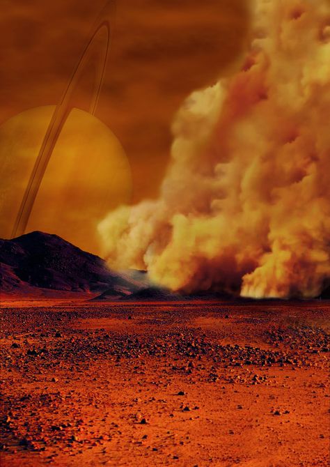 Artist's concept of a dust storm on Saturn's moon Titan.  (Credit: IPGP/Labex UnivEarthS/University Paris Diderot - C. Epitalon & S. Rodriguez) Astro Dust, Future Timeline, Saturns Moons, Space Dust, Astronomy Pictures, Dust Storm, Planetary Science, Moon Pictures, Space Images