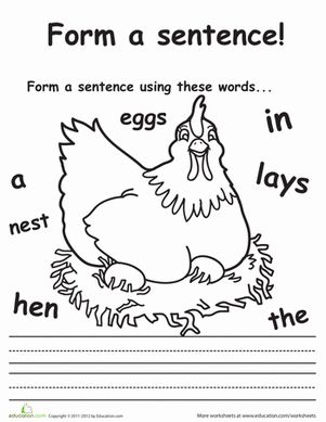 First Grade Writing Sentences Handwriting Worksheets: Mother Hen Sentence Making Sentence Making, 1st Grade Writing Worksheets, Sentence Worksheet, Writing Complete Sentences, Mother Hen, 1st Grade Writing, First Grade Worksheets, First Grade Writing, Red Hen