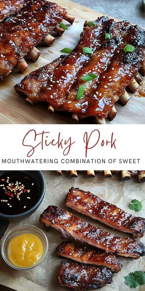 Sticky Asian Pork Ribs Ingredients: 2 Pork Ribs ½ Cup (120 ml) Hoisin Sauce ¼ Cup (60 ml) Soy Sauce: ¼ Cup (60 ml) Rice Vinegar ¼ Cup (60 ml) Honey 2 tbsp Sesame Oil: 4 Cloves Garlic, Grated 1 tbsp Grated Ginger 1 tsp Chinese Five-Spice Powder #StickyPork #Delicious Sticky Asian Pork, Asian Pork Ribs, Asian Ribs Recipe, Sticky Ribs Recipe, Asian Ribs, Pork Spare Ribs Recipe, Sticky Pork Ribs, Chinese Dishes Recipes, Pork Ribs Recipe