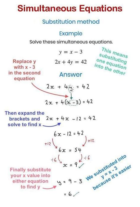 Simultaneous Equations Notes, Simultaneous Equations, Solving Quadratic Equations, Easy Korean Words, Math Answers, Classroom Charts, Learning Mathematics, Study Flashcards, Math Tutorials