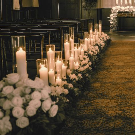 Aisle Lined With Candles, Candlelight Wedding Aisle, Wedding Ceremony Ideas Candles, Ceremony Candles Wedding, Candle Isle Decor Wedding, Candles At Wedding Ceremony, Candle Walkway Wedding, Candle Lined Aisle Wedding, Candles Down Aisle Wedding