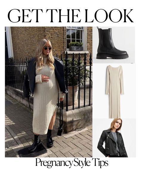 Get The Look | @georgina_patient pregnancy style 💫 Pair a knit maxi dress with leather jacket and boots for a cool pregnancy look Tap links to shop a similar look ✨ . . . . #pregnantootd #pregnancyfashion #maternityfashion #stylethebump #bumpstyle #pregnantoutfit #mumtobe Maxi Knit Dress Outfit, Maxi Dress With Leather Jacket, Dress With Leather Jacket, Knit Dress Outfit, Knitted Dress Outfit, Outfit Pregnant, Maternity Sweater Dress, Pregnancy Looks, Casual Maternity