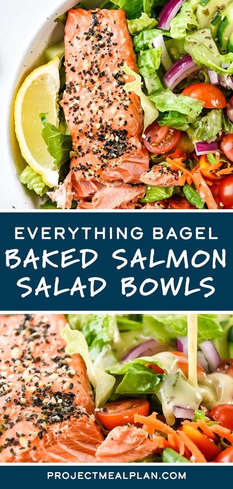 Salmon With Salad Dinners, Fish Salad Bowl, Dressing For Salmon Bowl, Salmon On Salad, Salmon Salads For Dinner, Baked Salmon Salad Recipes, Baked Salmon Salad, Salmon For Salad, Dressing For Salmon Salad