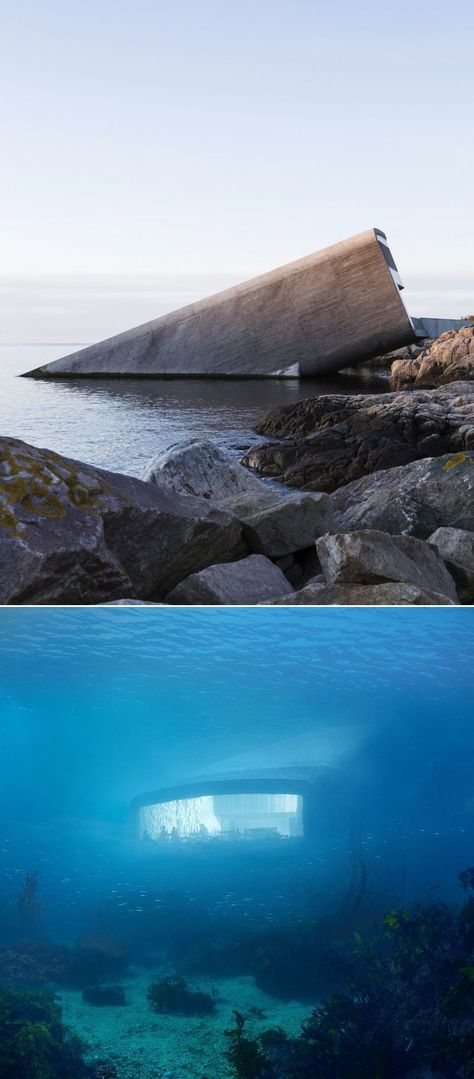 The Norwegian architecture firm Snøhetta released plans for Europe’s very first underwater restaurant in Lindesnes in 2017. Making the dream of many come true, the company has opened the doors of the underwater restaurant for guests a few days back. Architecture With Water, Restaurant On The Water, Architecture On Water, Under Water Architecture, Submerged Architecture, Fish Architecture, Underwater Building, Oceanarium Architecture, Underwater Architecture