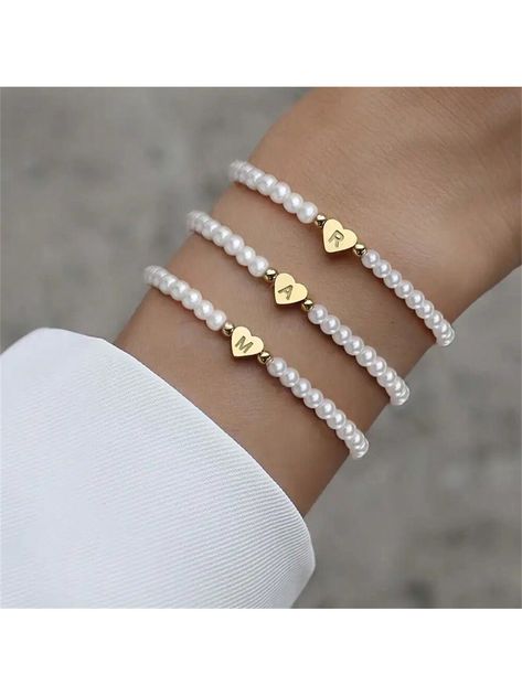 Gold  Collar  Plastic   Embellished   Women's Fashion Jewelry Letter Charm Bracelet, Easy Diy Jewelry, Beads Bracelet Design, Bracelet Design, Pretty Bracelets, Heart Shape Pendant, Watches Women Fashion, Name Bracelet, Beads Bracelet