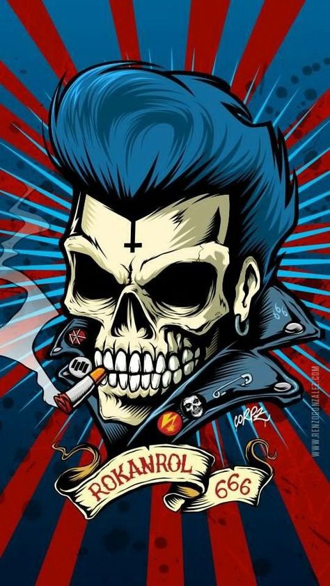 Rockabilly Artwork, Rockabilly Art, Biker Tattoos, Rock N Roll Art, Illustration Series, Skeleton Illustration, Biker Art, Skull Artwork, Skull Wallpaper