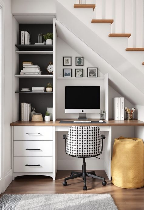 Staircase Storage Under Stairs Under Stairs Office And Storage, Tiny House Stair Storage, Under Stairs Desk Ideas Small Office, Under Stairs Desk And Storage, Built In Desk Under Stairs, Table Under Staircase, Under Stairs Desk Ideas, Understairs Desk, Under Stairs Study