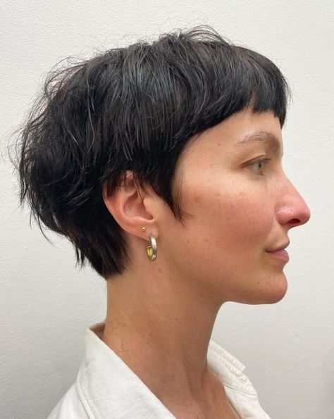 Short Bixie Cut with Baby Bangs Micro Bob Haircut With Bangs, Short With Undercut, Short Choppy Haircuts With Bangs, Piecy Pixie Haircut, Razor Pixie Haircut, Pixie Haircut Bangs, "mixie" Haircut, "wixie" Haircut, 2023 Pixie Cuts