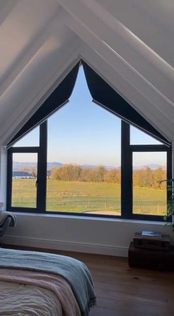 The ultimate Apex window blind .... this beautiful view & master bedroom belong to the wonderful @little_grey_living ..... we recently fitted this... | By The Fabric centre Apex Windows, Apex Window Blinds, Apex Window Dressing, Apex Window, Triangle Window, Shaped Windows, Exterior House Remodel, View Master, Loft Room