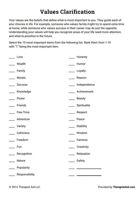 Values clarification worksheet - identify important qualities and characteristics   Taken from therapist aid - https://www.therapistaid.com/therapy-worksheet/values-clarification/none/none My Values Worksheet, Values Therapy Activity, Values Activity Therapy, Values Group Therapy, Value Clarification Activities, Values Clarification Worksheet, Values Clarification Activities, Counseling Worksheets For Adults, Personal Values Worksheet