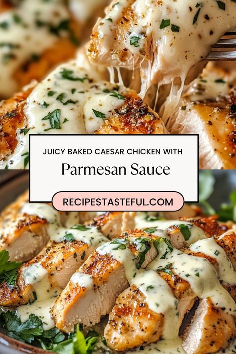 Savor this tender and flavorful Baked Caesar Chicken topped with a creamy Parmesan sauce! Made with a rich Caesar dressing and a hint of garlic, this easy-to-make recipe brings out juicy, melt-in-your-mouth chicken every time. Perfect for weeknight dinners or special occasions, it’s a crowd-pleaser with minimal prep and maximum flavor. Pin this recipe for a quick, delicious, and comforting meal that pairs perfectly with any side dish Cesar Chicken, Baked Caesar Chicken, Chicken With Parmesan, Caesar Chicken, Eat More Chicken, Garlic Parmesan Sauce, Creamy Parmesan Sauce, Parmesan Recipes, Creamy Parmesan