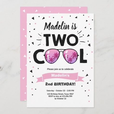 Two Cool Summer Sunglasses Girl 2nd Birthday Invit Invitation Two Cool Birthday Party, Two Cool Birthday, Girls 9th Birthday, Birthday Sunglasses, 9th Birthday Cake, Two Birthday, Two Cool, 9th Birthday Parties, 2nd Birthday Invitations