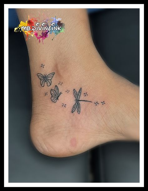 Small butterfly tattoo, Dragonfly tattoo, Ankle tattoo, Beautiful Tattoo, Cute tattoo, Magical tattoo, Tattoos for girl, Tattoos for women, Black and grey tattoo, Tattoo design, Tattoo INSTAGRAM:- www.instagram.com/mb.divineink Half Butterfly Half Dragonfly Tattoo, Butterflies And Dragonflies Tattoo, Dragon Fly Ankle Tattoo, Dragonfly Ankle Tattoos For Women, Dragonfly Tattoo On Ankle, Feminine Dragonfly Tattoo, Dragonfly And Butterfly Tattoo Together, Dragon Fly And Butterfly Tattoo, Dragonfly Finger Tattoo