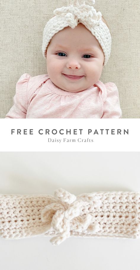 Free Pattern from Daisy Farm Crafts Crochet Infant Headbands Free Patterns, Crochet Infant Headband, Baby Turban Crochet Pattern Free, Crochet Headband For Baby Girl, Crochet Toddler Headband Free Pattern, Baby Crochet Headband Free Pattern, Crochet Baby Hats Free Pattern Girl, Cute Crochet Headbands, Crochet Newborn Headband