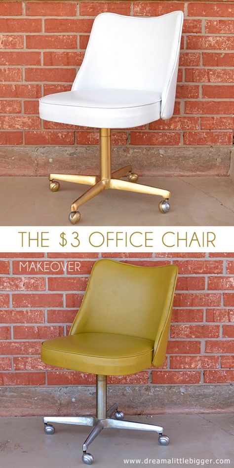 In this office chair makeover a vintage vinyl chair meets some paint & because an absolutely fabulous place to park booties & introduce style to the room! Office Chair Makeover, How To Spray Paint, Vinyl Chairs, Astuces Diy, Chair Makeover, Diy Chair, Redo Furniture, Upcycled Furniture, Eames Chair