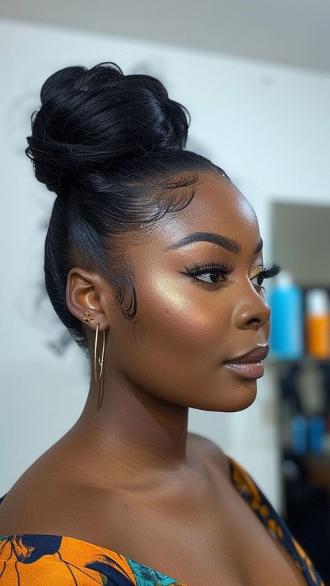 25 Best Valentine's Day Hairstyles to Express Love Messy Top Bun Black Women, Bridesmaids Hairstyles Bun, Sleek Ponytail With Side Part, High Bun Hairstyles Black Women, Ponytail With Hair Down, Updo Wedding Guest Hairstyles, Pinned Hairstyles For Black Women, Pulled Back Natural Hairstyles, High Bun Hairstyles For Black Women Natural Sleek Updo