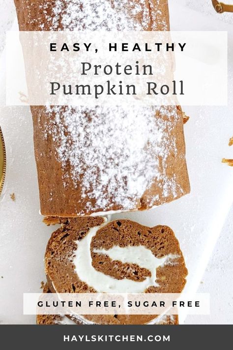 Gorgeous Protein Pumpkin Roll with protein cream cheese filling swirled inside a low fat and sugar free pumpkin cake. An easy, healthy pumpkin roll cake recipe to please any crowd! Healthy Pumpkin Roll, Healthy Pumpkin Roll Recipe, Protein Pumpkin Recipes, Pumpkin Roll Easy, Protein Cream Cheese, Pumpkin Roll Recipe Easy, Low Calorie Pumpkin, Thanksgiving Sweets, Roll Cake Recipe