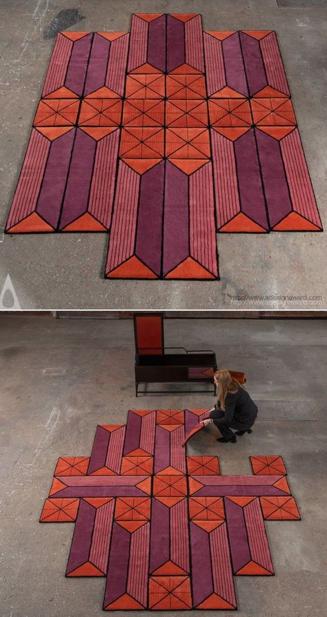 Astron Shape-Shifting Rug is a unique geometrical carpet which is divided into small tile units. These tiles can be joined together in different ways to form various shapes and designs. St Aesthetic, Tile Design Pattern, Geometric Carpet, Small Tiles, Shape Shifting, Custom Carpet, Trendy Home Decor, Decor Essentials, Triangle Pattern