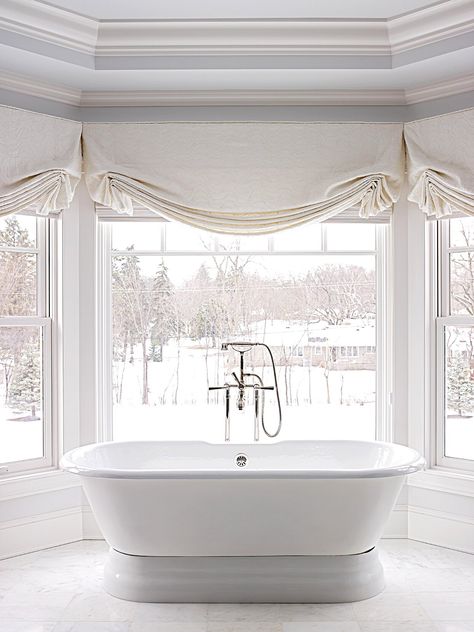 white-bathroom-large-windows-014b34ff Different Curtain Styles, Roman Bathroom, Linen Blind, Window Valence, Balloon Shades, Bathroom Window Curtains, Bathroom Window Treatments, Curtain Styles, Bathroom Window