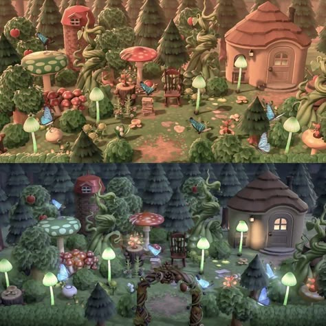 Acnh Unique Island Ideas, Acnh Scenery Ideas, Animal Crossing Forest Neighborhood, Acnh Neighborhood Designs Fairycore, Mushcore Animal Crossing, Animal Crossing Forestcore Villagers, Acnh Gnome Ideas, Acnh Forest Neighborhood, Animal Crossing Witchy Island Ideas