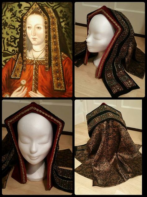 Gable Hoods.... This one is of the period late 1400's - early 1500's. Gable Hood Tudor, Early Tudor Fashion, Tudor Hood, Tudor Headpiece, Gable Hood, Tudor Clothing, 1500s Fashion, 16th Century Clothing, Tudor Dress