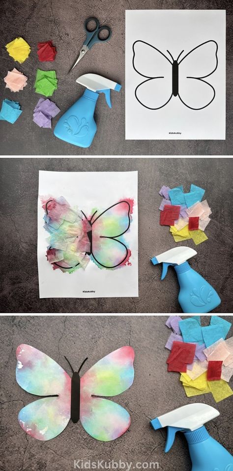 Tissue Paper Painted Butterfly Art Fun Crafts Preschool, Painting Kids Ideas, Pre Kindergarten Activities Art Projects, Kid Diy Crafts, Tie Dye Art Projects For Kids, Color Paper Art, Hands On Art Projects, Projects For Kindergarteners, Art Craft Ideas For Kids