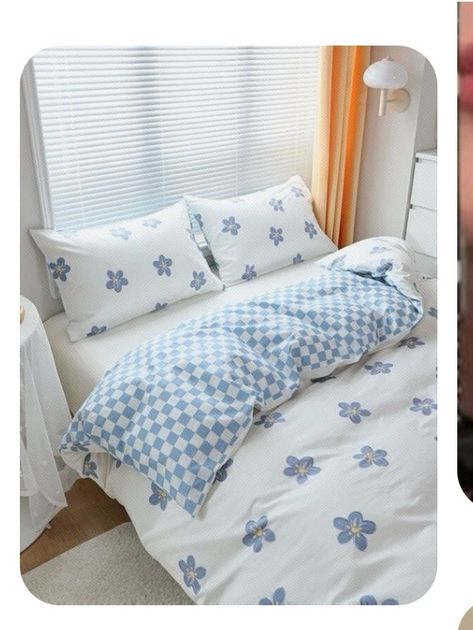 Cute Bed Covers Aesthetic, Summer Sheets Bedding, Cute Bed Sheet, Colchas Aesthetic, Aesthetic Bed Covers, Blue Bedding Aesthetic, Bedding Sets Aesthetic, Bed Set Ideas, Bedding Sets Blue