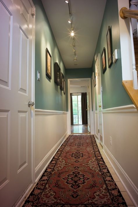 Ideal entry way / narrow hallway look!  Sage green, chair rails, and white (Glass of Milk by Martha Stewart (Home Depot)??) Hallway Sage Green, Green Wall With Chair Rail, Sage Green Chair Rail, Sage Green And White Hallway, Green Entrance Hall, Sage Green Hallway Ideas, Narrow Corridor Ideas, Sage Hallway, Narrow Stairway Decorating