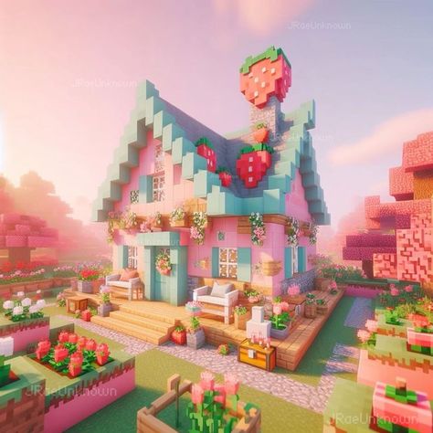 Strawberry Shortcake House Minecraft, Minecraft Strawberry Build, Kidcore Minecraft Builds, Cute Little Minecraft Builds, Strawberry Shortcake Minecraft, Minecraft Cake House, Strawberry House Minecraft, Minecraft Candyland, Minecraft Strawberry