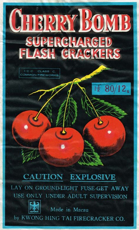 Cherry Bombs Firework Packaging, Firework Colors, Vintage Fireworks, Fireworks Art, Cherry Baby, Cherry Bomb, Vintage Metal Signs, Vintage Wall Decor, Vintage Labels