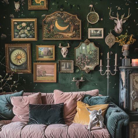 Dark Academia Small Home Library, Whimsycore Decor, Living Room Inspo Maximalist, Cottage Core Aesthetic Interior Design, Witchy Aesthetic Home Decor, Dark Green Wall And Ceiling, Dark Green Gothic Living Room, Green Witchy Living Room, Whimsigothic Gallery Wall