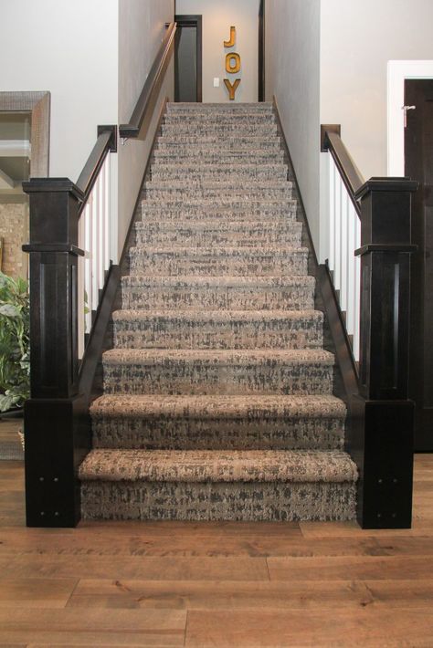 Maple Hardwood Flooring and Brown Patterned Staircase Carpet Carpet For Stairs And Landing, Updating Stairs, Patterned Carpet On Stairs, Stairway Inspiration, Stairs With Carpet, Staircase Redo, Stair Carpet Ideas, Staircase Carpet, Stair Carpets