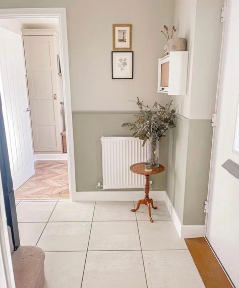 Two Color Hallway, Half Up Painted Wall, Light Coloured Hallway, Half Painted Wall Dado Rail, Hallways Colour Ideas, Two Tone Wall Hallway, Two Toned Hallway, Hall Stair And Landing Colour Ideas, Sage Green And White Hallway