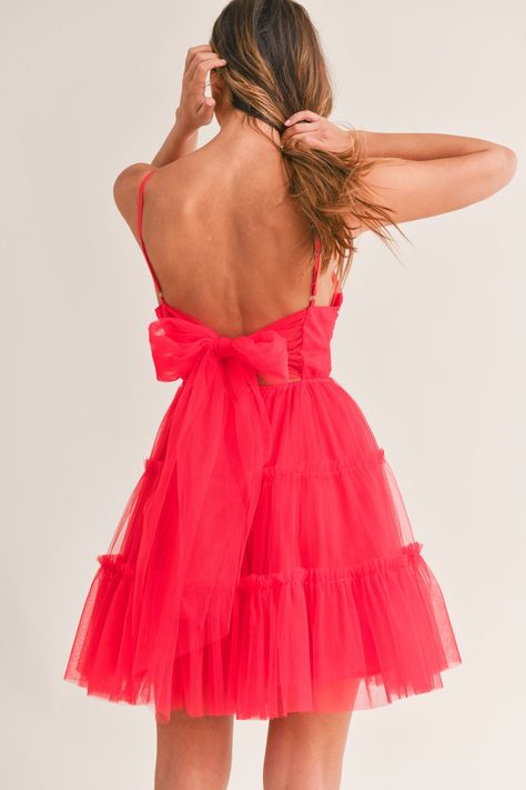 This Tulle Mesh Bow Back Mini Dress features adjustable spaghetti straps, a ruffle tiered design, and a front bust ruched detail. The back showcases a large self tie bow and exposed zipper, while the dress is fully lined for added comfort. Perfect for weddings, engagements, and special occasions. Hoco Dresses Red, Semi Dresses, Tulle Mini Dress, Valentines Day Dresses, Cute Prom Dresses, Soft Tulle, Bow Back, Tie Bow, Tulle Fabric