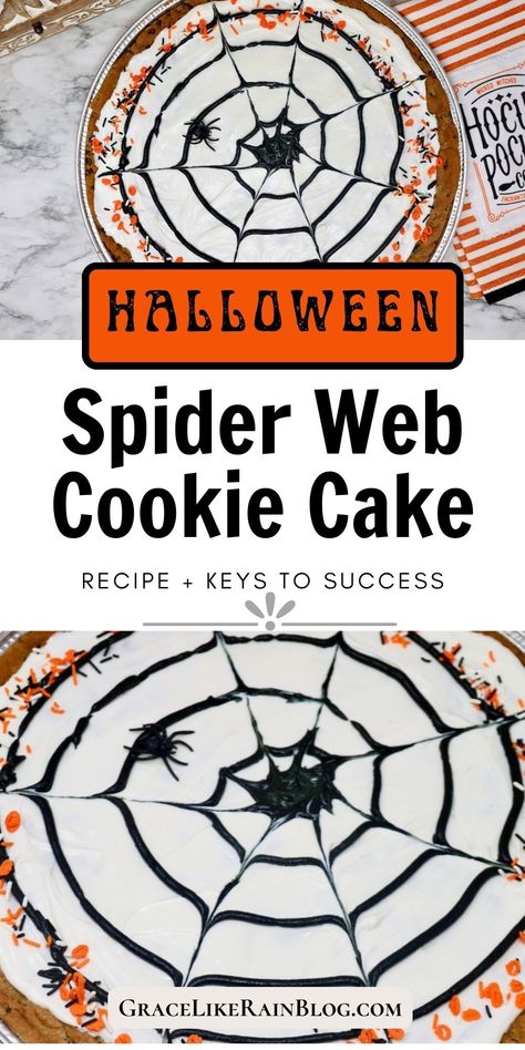 Looking for a show-stopping Halloween dessert? Our Spider Web Cookie Cake recipe is just the ticket! A delicious cookie cake covered in a velvety frosting and topped with a creepy crawly spider web design. Perfect for parties and sure to impress! Dare to try this decadent delight? Pizza Cookie Cake, Spider Cookies Halloween, Spider Web Cookies, Spider Web Cake, Spooky Spider Web, Cookie Cake Designs, Refrigerated Cookie Dough, Spider Cookies, Spider Web Design