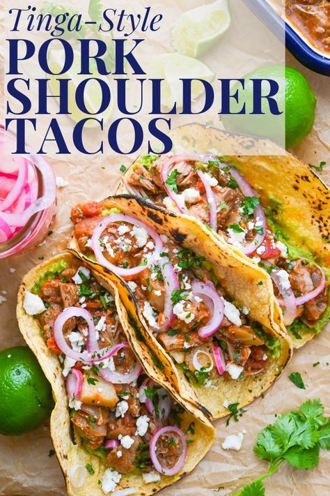 Baja Pork Tacos, Pork Tinga Tacos, Pork Shoulder For Tacos, Pork Shoulder Birria Tacos, Pork Shoulder Tacos Crockpot, Chipotle Pork Tacos, Best Pork Tacos, Braised Pork Tacos, Pork Tinga Recipe