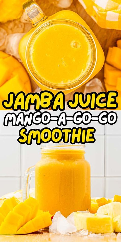 Mango, passionfruit and pineapple combine in this beautiful copycat. It's silky smooth and loaded with sweet mango, pineapple, and passionfruit flavors in every sip. Just like the Jamba Juice smoothie, this has a fresh taste and is full of nutrients from the fresh fruit. But you can save your hard-earned dollars by whipping up your very own version of the mango-a-go-go smoothie - it tastes just like the original! The recipe makes 2 smaller servings or 1 large one. And you're going to love it! Mango Passion Fruit Smoothie, Mango A Go Go Smoothie Jamba Juice, Copycat Jamba Juice, Peanut Butter Banana Smoothie Recipe, Jamba Juice Recipes, Jamba Juice Smoothies, Smoothie Bowl Recipe Healthy, Mango Passionfruit, Mango Pineapple Smoothie