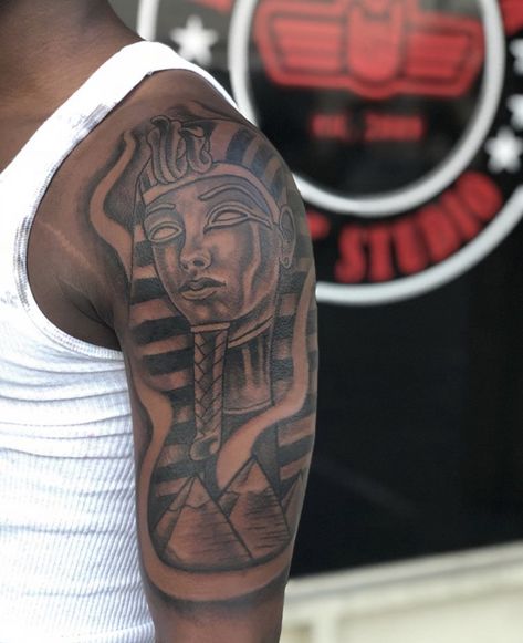 Egyptian Shoulder Tattoo Men, Ancient Egyptian Tattoo Sleeve, African Art Tattoo Ideas, Black Men Half Sleeve Tattoo Ideas, Egyptian Tattoo Men Arm, Black King Tattoo, Savage Tattoo For Men, African Warrior Tattoo For Men, Egyptian Tattoo Men