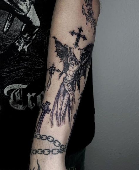 Grunge Tattoo Sleeve Men, Men’s Alternative Tattoos, Emo Sleeve Tattoo, Cross Cybersigilism Tattoo, Goth Tattoos Men, Vampire Tattoo Ideas Gothic, Inverted Tattoo, Gothic Sleeve Tattoo, Gothic Tattoo Sleeve