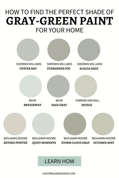 Green With Gray Undertones, Best Green Gray Paint Colors, Green Gray Paint Colors, Gray Green Paint Colors, Green Gray Paint, Oyster Bay Sherwin Williams, Gray Paint Colors, Green Grey Paint, Revere Pewter Benjamin Moore