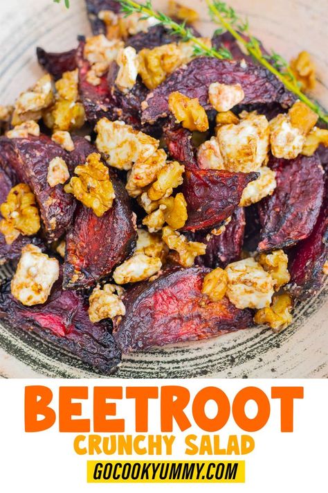 Enjoy a tasty combination of textures and flavors with roasted beets, crunchy walnuts and creamy feta cheese tossed in tangy balsamic glaze vinaigrette – the perfect effortless 4-ingredient salad! Roast Beets, Beet Salad With Feta, Baked Beetroot, Light Lunches, Brunch Appetizers, Roasted Beet Salad, Creamy Feta, High Protein Vegetarian Recipes, Salad With Feta