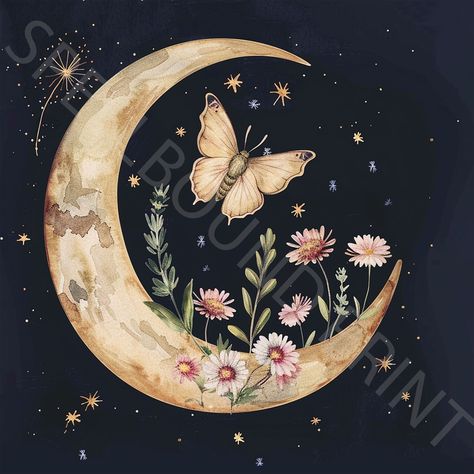 Vintage Crescent Moon Poster, Mystical Moon and Moth Art Print, Stars, Wildflowers, Celestial Wall Art, Moon and Stars Art, Vintage Decor Moon And Crystal Tattoo, Moon Cycle Art, Vintage Celestial Art, Moon And Stars Art, Moth Artwork, Vintage Crescent Moon, Crescent Moon Art, Moon Stars Art, Whimsical Logo