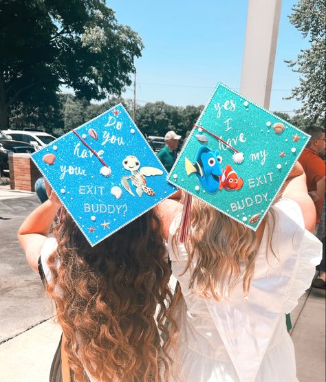 Exit Buddy Graduation Cap, Do You Have Your Exit Buddy Grad Cap, Matching Best Friend Grad Caps, Grad Cap Ideas Best Friends, Bestie Graduation Caps, Graduation Cap Designs For Best Friends, Matching Grad Caps For Best Friends, Graduation Cap Designs Friends, Graduation Cap Designs Best Friends