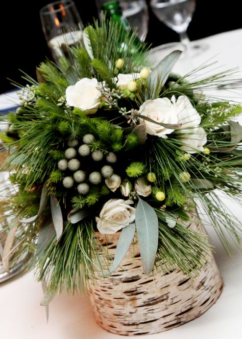 Birch pot & Princess Pine accents. Gorgeous. Holiday Floral Arrangements, Winter Floral Arrangements, Winter Wedding Centerpieces, Winter Arrangements, Winter Centerpieces, Flowers And Greenery, Christmas Flower Arrangements, Christmas Table Centerpieces, Holiday Arrangement