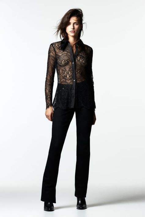 LACE SHIRT - Black | ZARA United States Zara Outlet, Black Lace Shirt, Costume Noir, Knotted Blouse, Zara Blouse, All Black Outfit, Fashion Line, Women Shirts Blouse, Lace Shirt