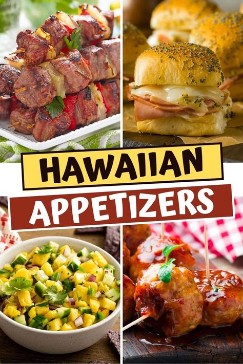 These Hawaiian appetizers are bright, vibrant, and fun! From onion dip to meatballs to pineapple bites, get a taste of the islands with these tasty bites. Luau Engagement Party Outfit, Luau Themed Appetizers, Hawaiin Party Finger Foods, Hawaiian Food Party Appetizers, Hawaiian Luau Party Food Sides, Hawaii Party Food Appetizers, Hawaiin Party Ideas Food, Tiki Party Recipes, Authentic Hawaiian Food Luau Party