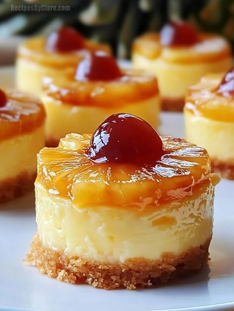 Mini Pineapple Upside-Down Cheesecakes - Sweet & Creamy - Recipes By Clare Pineapple Upside Down Cheesecake Factory, Dessert Recipes Using Pie Crust, Mini Pineapple Upside Down Cheesecake, Pineapple Cheesecake No Bake, Pineapple Chunks Recipes, Pineapple Cheesecake Recipes, 4 Inch Cheesecake Recipes, Christmas Mini Desserts, Thanksgiving Dessert Easy