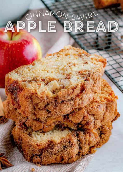 Homemade Apple Bread with a lovely cinnamon swirl is the perfect fall breakfast, snack, or dessert! This easy apple bread recipe is moist, sweet and simply loaded with apples and the flavors of fall. Make enough to share with friends and family or keep the whole cozy loaf for yourself! This easy apple bread recipe is a must make this season! // Mom On Timeout Apple Cinnamon Strudel Bread, Apple Strudel Bread, Apple Cinnamon Strudel, Cinnamon Bread Recipe, Apple Bread Recipe, Mom On Timeout, Apple Cinnamon Bread, Apple Breakfast, Cinnamon Swirl Bread